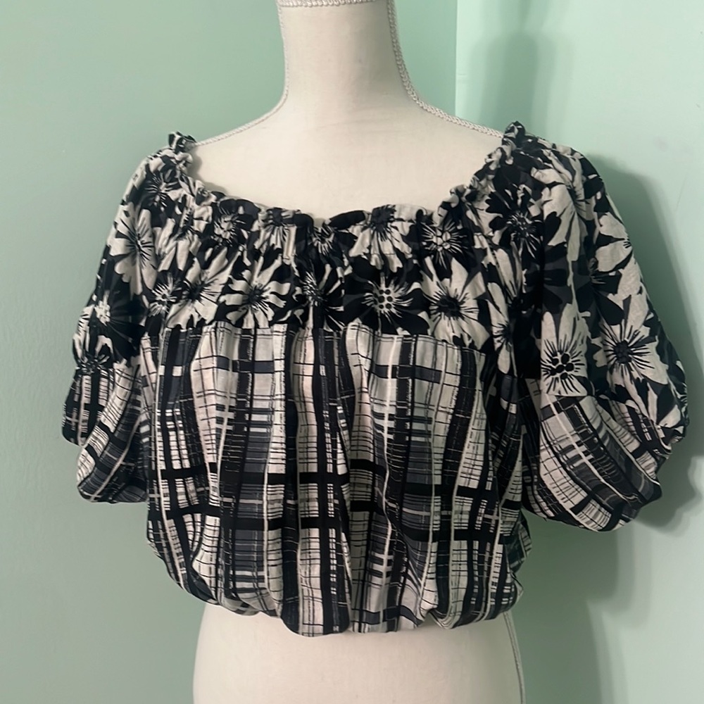 Free People floral plaid print stretch crop top blouse